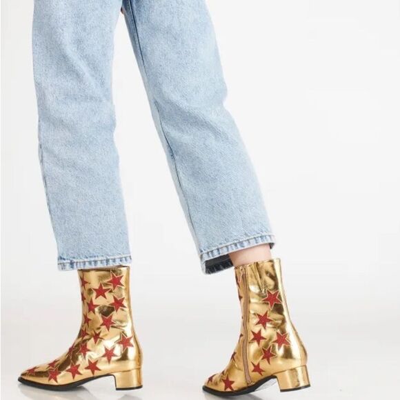 NWOB Jeffrey Campbell On-Mars Star Print Ankle Boots in Gold Red Glitter Sz 5.5 - Picture 3 of 13